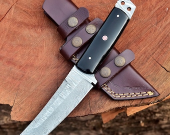 Handmade Damascus Hunting Knife, Ladder Pattern, 9.5 Inch, Horn, Bone or Rosewood Handle