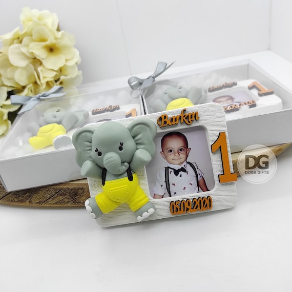 Elephant Figurine Photo Frame: Personalized 1st Birthday Favors