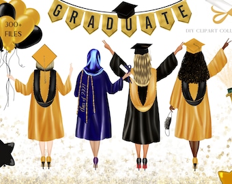 Clipart de graduación, retrato de bricolaje, sombrero de graduación, clipart escolar, ideas de regalos, taza personalizable, diseño de sublimación PNG, niñas graduadas.