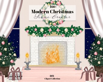 Fondo de Navidad. Imágenes prediseñadas modernas del creador de escenas navideñas, interiores navideños, imágenes prediseñadas del árbol de Navidad, regalos, diseño de sublimación PNG