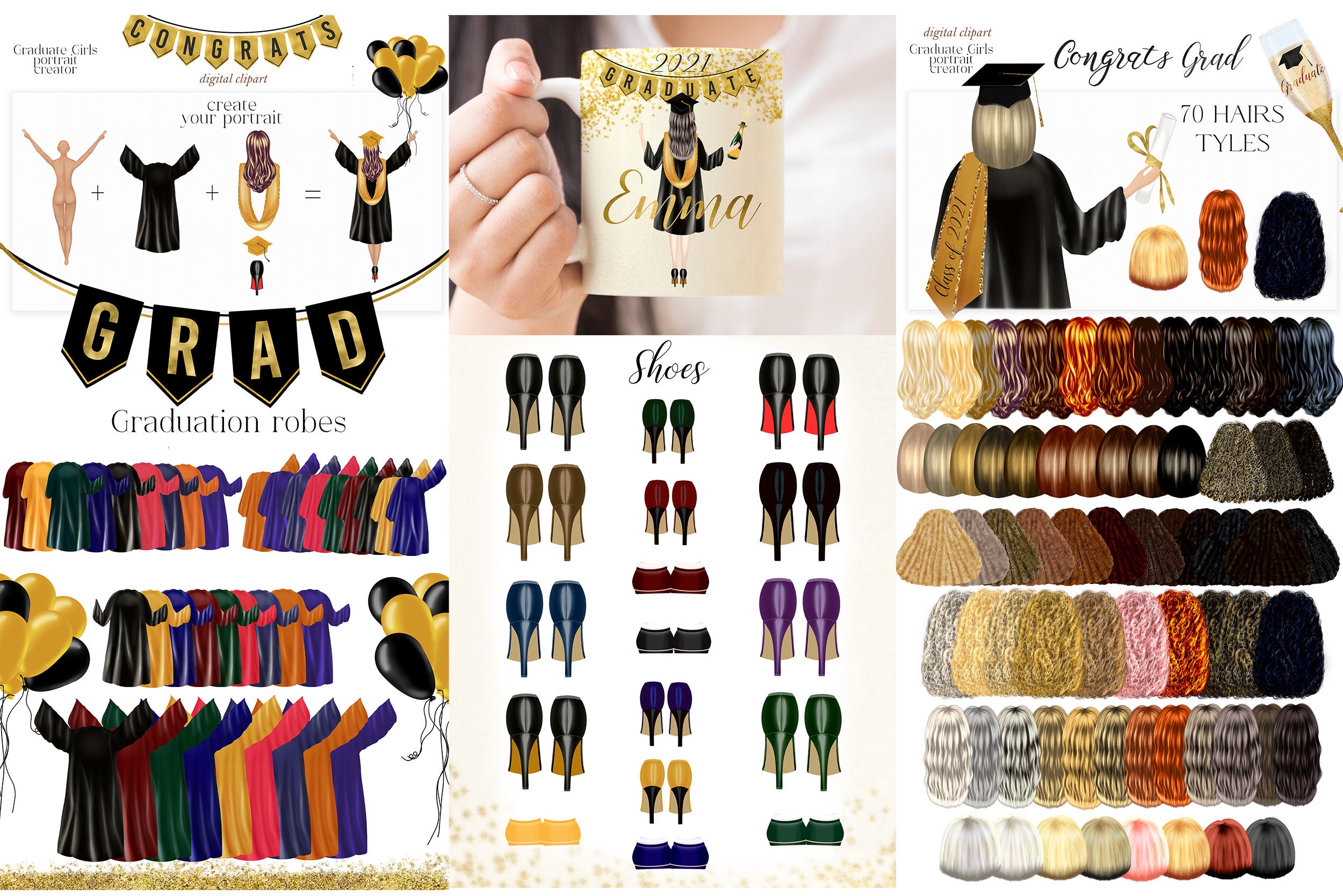 Graduation Bundle Clipart, DIY Portrait, Graduating Girls and Boys. School  Clipart, Gift Ideas, Customizable Mug, Sublimation Design PNG - Etsy, image size:2500x1668