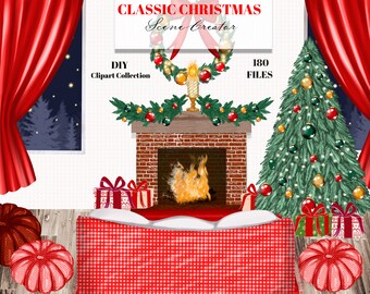 Creador de escenas navideñas. Clipart de fondo de Navidad, Interior de Navidad, Chimenea, Clipart de árbol de Navidad, Regalos, Diseño de sublimación PNG