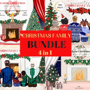 Clipart di famiglia di Natale, BUNDLE. Ritratto fai da te 4 in 1, Ritratto di famiglia personalizzato, Idee regalo, Personalizzabile, Design a sublimazione PNG