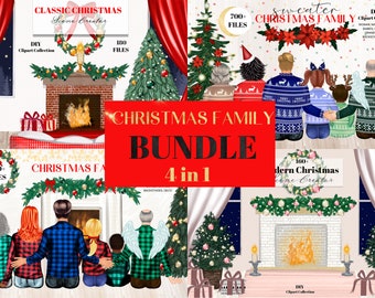 Clipart familiar de Navidad, PAQUETE. Retrato de bricolaje 4 en 1, retrato familiar personalizado, ideas de regalos, personalizable, diseño de sublimación PNG