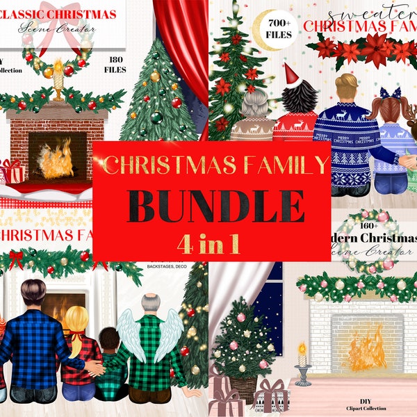 Christmas Family Clipart, BUNDLE. 4 in 1 DIY Portrait, Custom Family Portrait, Gift Ideas, Customizable, Sublimation Design PNG