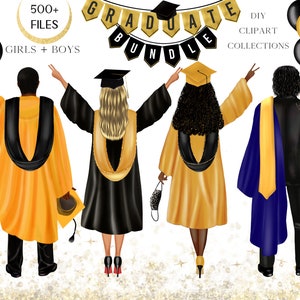 Imágenes prediseñadas del paquete de graduación, retrato de bricolaje, niñas y niños graduados. Clipart escolar, Ideas de regalos, Taza personalizable, Diseño de sublimación PNG