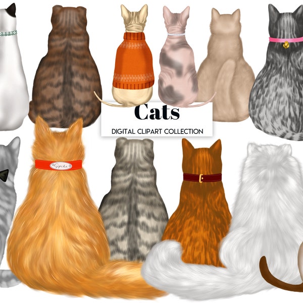 Clipart de chat, portrait de bricolage, portrait d'animal familier, dos des chats. Idées cadeaux, personnalisables, Sublimation Design PNG, cadeau amoureux des chats.