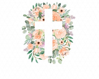 Cruz floral color melocotón PNG, diseño de sublimación de Pascua (descarga digital)