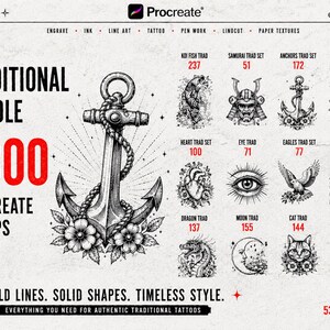 May include: A digital bundle of 5300 Procreate stamps featuring traditional tattoo designs. The image displays a large central anchor illustration with rope and flowers, surrounded by smaller icons of koi, samurai, eagles, hearts, and cats.