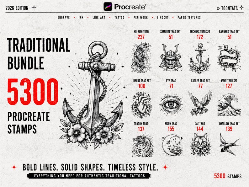 May include: A digital bundle of 5300 Procreate stamps featuring traditional tattoo designs. The image displays a large central anchor illustration with rope and flowers, surrounded by smaller icons of koi, samurai, eagles, hearts, and cats.