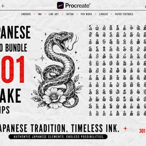 May include: A digital Procreate brush set titled Japanese Tattoo Bundle 301 Snake Stamps. The image features a large, detailed black and white illustration of a coiled snake with a flower, alongside a grid of 301 small snake stamp icons.