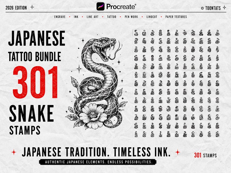 May include: A digital Procreate brush set titled Japanese Tattoo Bundle 301 Snake Stamps. The image features a large, detailed black and white illustration of a coiled snake with a flower, alongside a grid of 301 small snake stamp icons.