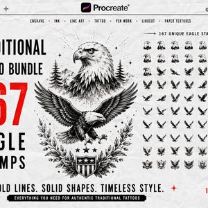 May include: A digital asset bundle for Procreate featuring 167 eagle stamps. The graphic displays a large eagle head and a flying eagle with a shield and laurel wreath. Text includes TRADITIONAL TATTOO BUNDLE, 167 EAGLE STAMPS, and BOLD LINES. SOLID SHAPES. TIMELESS STYLE.