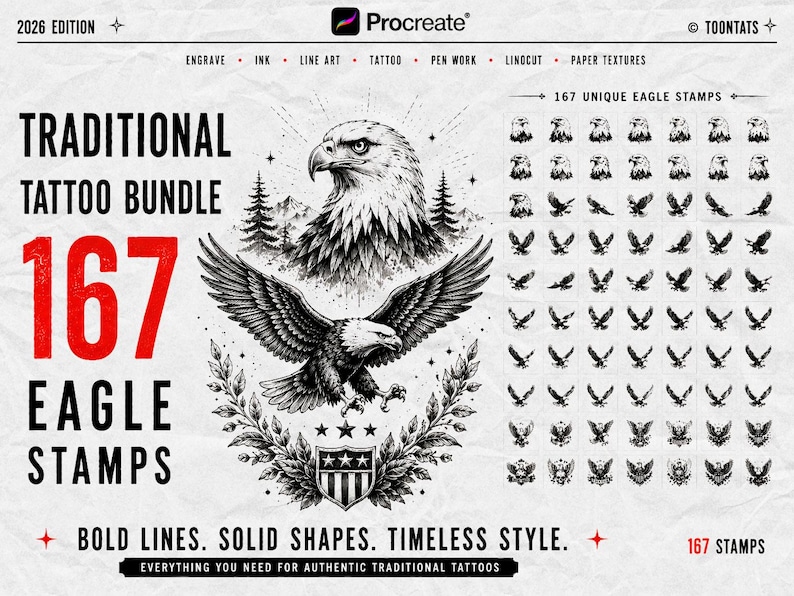 May include: A digital asset bundle for Procreate featuring 167 eagle stamps. The graphic displays a large eagle head and a flying eagle with a shield and laurel wreath. Text includes TRADITIONAL TATTOO BUNDLE, 167 EAGLE STAMPS, and BOLD LINES. SOLID SHAPES. TIMELESS STYLE.