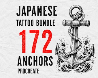 May include: A digital graphic featuring the text JAPANESE TATTOO BUNDLE 172 ANCHORS PROCREATE in black and red. To the right, a detailed black and white ink-style illustration of a nautical anchor wrapped in rope, surrounded by stylized ocean waves.