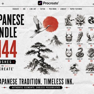 May include: A digital brush set for Procreate titled Japanese Bundle 4144 Brushes. The graphic features a red sun, a crane, a bonsai tree, and mountain illustrations. It lists various tattoo-style brush sets including koi, peony, and dragon designs.