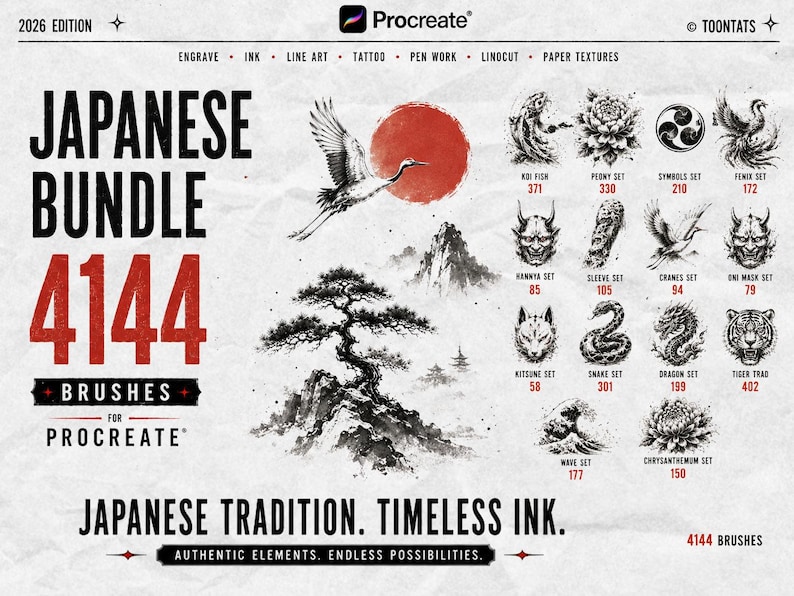 May include: A digital brush set for Procreate titled Japanese Bundle 4144 Brushes. The graphic features a red sun, a crane, a bonsai tree, and mountain illustrations. It lists various tattoo-style brush sets including koi, peony, and dragon designs.