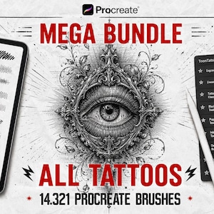 May include: A digital art bundle for Procreate featuring 14,321 brushes, labeled 2026 Edition. The display shows a central detailed eye illustration, a tablet screen with brush stroke samples, and a menu list titled ToonTats Brush Library.