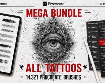 以下が含まれることがあります： 14,321本のブラシを収録したProcreate用デジタルアートバンドル、2026 Edition。中央には詳細な目のイラスト、タブレット画面にはブラシストロークのサンプル、右側にはToonTats Brush Libraryというタイトルのメニューリストが表示されています。
