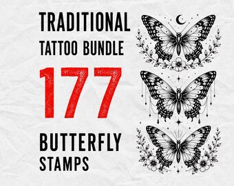 May include: A digital graphic featuring the text TRADITIONAL TATTOO BUNDLE 177 BUTTERFLY STAMPS in black and red. To the right are three detailed black and white illustrations of butterflies, each surrounded by floral and celestial elements.