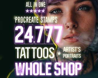 May include: Image featuring a person with purple hair and facial piercings. Text overlay reads "ALL IN ONE PROCREATE STAMPS 24.777 TATTOOS ARTIST'S PORTRAITS WHOLE SHOP". The background is dark green.