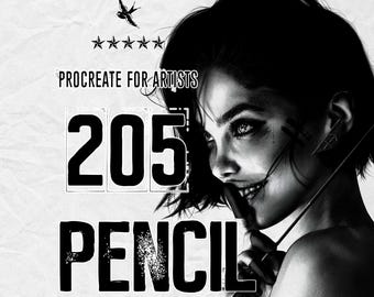 May include: Black and white digital art featuring a woman with short hair, holding a pencil to her lips. The image includes the text "Procreate for Artists," "205," and "Pencil," along with a bird and star graphic.