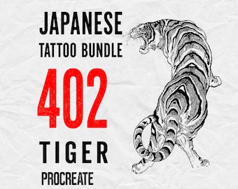 May include: A digital graphic featuring a black and white line art illustration of a roaring tiger. The text reads JAPANESE TATTOO BUNDLE, the number 402 in large red font, TIGER, and PROCREATE, all set against a textured white paper background.