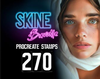 May include: Digital art image featuring a woman with blue eyes and freckles, wearing a white head covering. The text "SKINE Bundle" is in neon blue and pink, with "PROCREATE STAMPS" and the number "270" below.