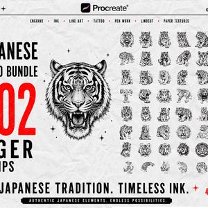 May include: A digital asset bundle for Procreate featuring 402 black and white tiger stamps. The graphic includes a large central tiger head illustration, text reading "JAPANESE TATTOO BUNDLE 402 TIGER STAMPS," and a grid of smaller tiger designs.