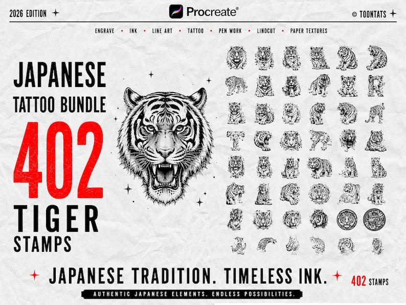 May include: A digital asset bundle for Procreate featuring 402 black and white tiger stamps. The graphic includes a large central tiger head illustration, text reading "JAPANESE TATTOO BUNDLE 402 TIGER STAMPS," and a grid of smaller tiger designs.