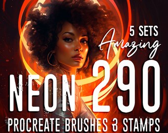 May include: Digital art graphic featuring a woman with curly hair, set against a fiery orange and red background. The image includes the text "NEON 290 PROCREATE BRUSHES 3 STAMPS" and "5 SETS Amazing".