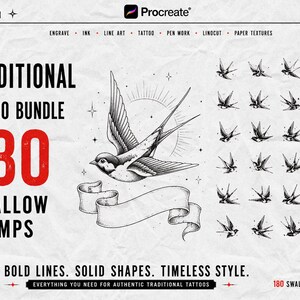 May include: A digital collection titled Traditional Tattoo Bundle 180 Swallow Stamps for Procreate. The image features a central black and white illustration of a swallow bird above a blank ribbon banner, surrounded by a grid of 24 small swallow icons.