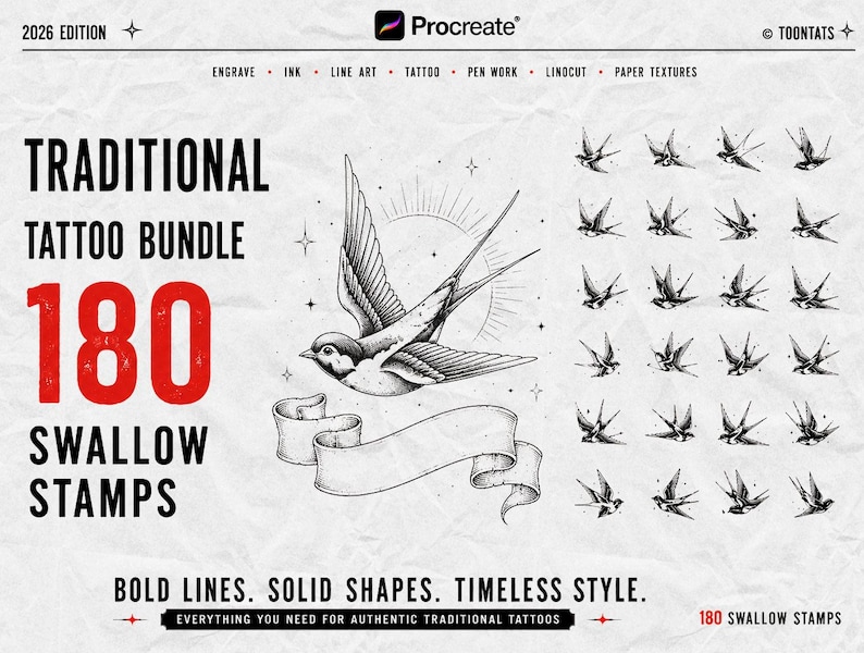 May include: A digital collection titled Traditional Tattoo Bundle 180 Swallow Stamps for Procreate. The image features a central black and white illustration of a swallow bird above a blank ribbon banner, surrounded by a grid of 24 small swallow icons.
