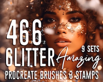 May include: A digital illustration of a woman's face with gold glitter on her skin. The text "466 GLITTER Amazing 9 SETS PROCREATE BRUSHES 8 STAMPS" is overlaid on the image. 