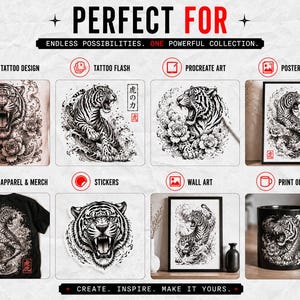 May include: A digital collection of black and white tiger illustrations featuring roaring tigers, floral elements, and Japanese kanji characters. The graphic set is displayed in various formats including tattoo designs, posters, apparel, stickers, and mugs.