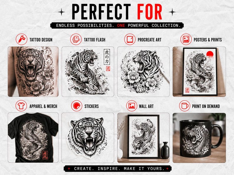 May include: A digital collection of black and white tiger illustrations featuring roaring tigers, floral elements, and Japanese kanji characters. The graphic set is displayed in various formats including tattoo designs, posters, apparel, stickers, and mugs.