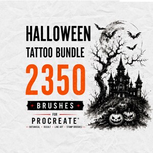 May include: A digital graphic featuring the text HALLOWEEN TATTOO BUNDLE 2350 BRUSHES FOR PROCREATE. The design includes a black ink illustration of a haunted castle, a full moon, flying bats, and jack-o'-lanterns on a textured white background.