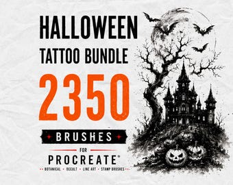 May include: A digital graphic featuring the text HALLOWEEN TATTOO BUNDLE 2350 BRUSHES FOR PROCREATE. The design includes a black ink illustration of a haunted castle, a full moon, flying bats, and jack-o'-lanterns on a textured white background.