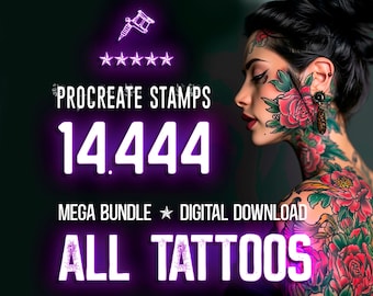 以下が含まれることがあります： PROCREATE STAMPS 14.444 MEGA BUNDLE DIGITAL DOWNLOAD ALL TATTOOSというテキスト、5つの星、タトゥーマシンのアイコンが描かれたデジタル画像。テキストの横には、顔と首に広範囲な花のタトゥーを入れた人物の横顔が写っている。