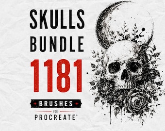May include: A digital graphic featuring the text SKULLS BUNDLE 1181 BRUSHES FOR PROCREATE. The design includes a detailed black and white illustration of a human skull surrounded by roses and foliage, positioned beneath a crescent moon shape.