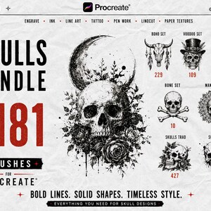 May include: A digital product advertisement for a Skulls Bundle containing 1181 brushes for Procreate. The graphic features a central skull illustration with floral elements and a crescent moon, alongside smaller icons for Boho, Voodoo, Sugar, Bone, and Mandala sets.