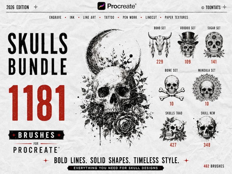 May include: A digital product advertisement for a Skulls Bundle containing 1181 brushes for Procreate. The graphic features a central skull illustration with floral elements and a crescent moon, alongside smaller icons for Boho, Voodoo, Sugar, Bone, and Mandala sets.