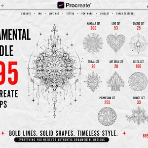 May include: A digital collection of 895 Procreate stamps titled Ornamental Bundle, featuring a large central mandala design and various smaller sets including mandala, love, sacred, Indian, tribal, art deco, celtic, xmas, polynesian, and ornate.