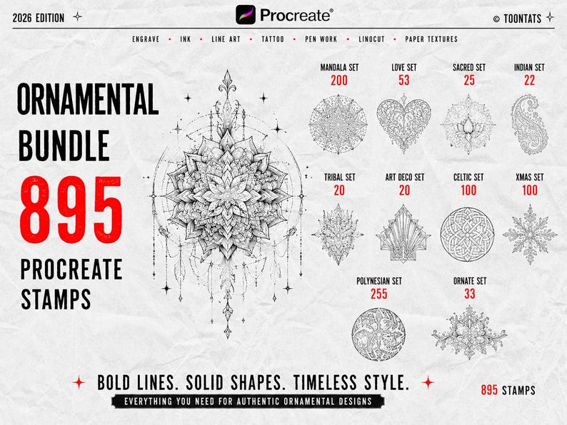 May include: A digital collection of 895 Procreate stamps titled Ornamental Bundle, featuring a large central mandala design and various smaller sets including mandala, love, sacred, Indian, tribal, art deco, celtic, xmas, polynesian, and ornate.