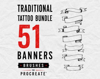 May include: A digital graphic featuring the text TRADITIONAL TATTOO BUNDLE 51 BANNERS BRUSHES FOR PROCREATE in black and red. To the right, seven distinct black and white line art illustrations of blank scroll banners are displayed vertically.