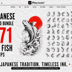 May include: A digital asset bundle for Procreate featuring 371 Japanese koi fish tattoo stamps. The design includes a large black and white koi fish illustration leaping from water against a red sun, alongside a grid of smaller fish stamps.