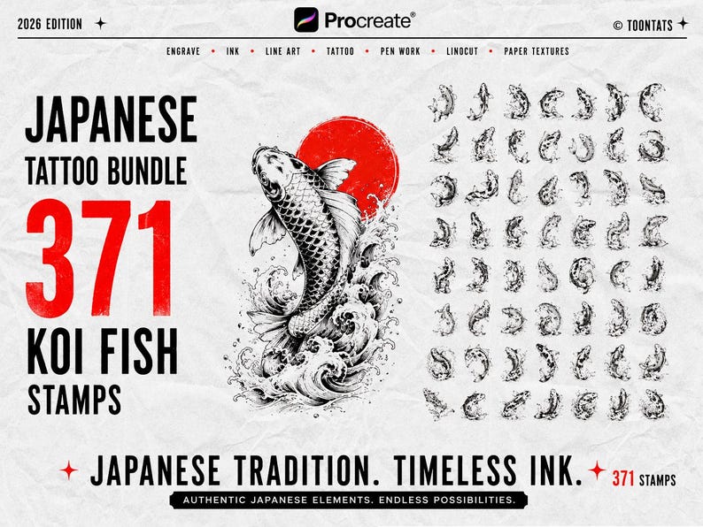 May include: A digital asset bundle for Procreate featuring 371 Japanese koi fish tattoo stamps. The design includes a large black and white koi fish illustration leaping from water against a red sun, alongside a grid of smaller fish stamps.