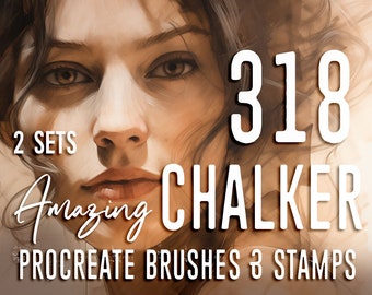 May include: A digital illustration of a woman's face with a soft, warm color palette. The text "318 Amazing Chalker Procreate Brushes & Stamps" is overlaid on the image.