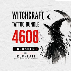 Op de afbeelding: Een digitaal productoverzicht getiteld WITCHCRAFT TATTOO BUNDLE 4608 BRUSHES FOR PROCREATE. De afbeelding toont een zwart-witte inktillustratie van een persoon met een heksenhoed onder een maansikkel, omringd door botanische elementen.