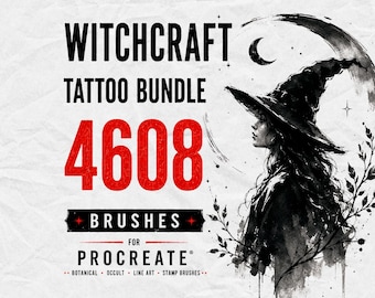 以下が含まれることがあります： WITCHCRAFT TATTOO BUNDLE 4608 BRUSHES FOR PROCREATEというタイトルのデジタル製品リスト。画像には、三日月の下で魔女の帽子をかぶった人物の黒と白のインクスタイルのイラストが描かれており、周囲には植物の要素が配置されています。